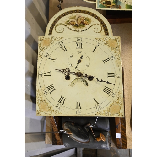 986 - A Victorian eight day longcase clock movement, painted arch top dial, mounted on a later oak bracket... 