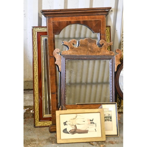 990 - A Victorian inlaid mahogany arched top mirror, contemporary fretwork mirror, mahogany and gilt frame... 