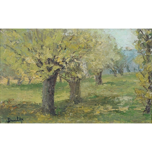 693 - Follower of Ronald Ossory Dunlop - Trees, bears signature, oil on board, 17cm x 27.5cm... 