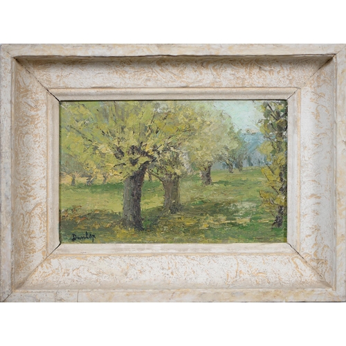 693 - Follower of Ronald Ossory Dunlop - Trees, bears signature, oil on board, 17cm x 27.5cm... 