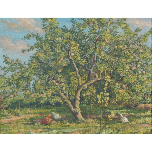 695 - Attributed to Roy Morris (1890-1967) - The Orchard, oil on canvas, 28cm x 36.5cm and English School,... 