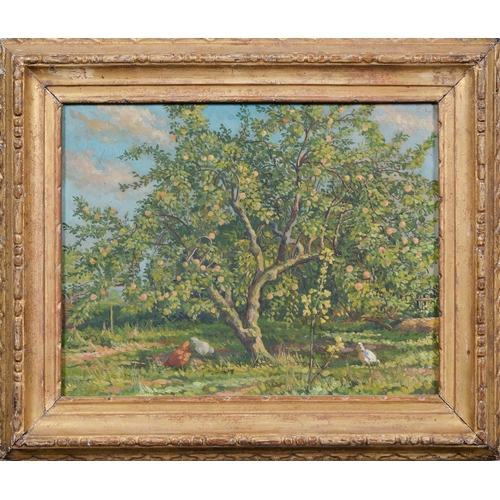 695 - Attributed to Roy Morris (1890-1967) - The Orchard, oil on canvas, 28cm x 36.5cm and English School,... 