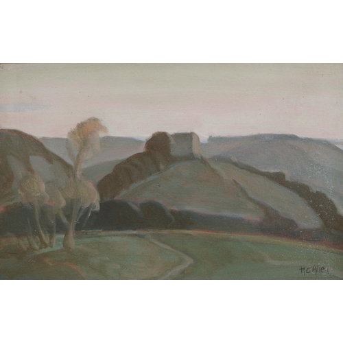 696 - Manner of Harry Epworth Allen - Landscape, bears signature, oil on board, 17cm x 26.5cm... 