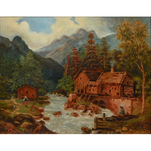 716 - English School, 19th century - Mountainous Landscape with Watermill, signed with initals AM and date... 