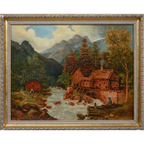 716 - English School, 19th century - Mountainous Landscape with Watermill, signed with initals AM and date... 