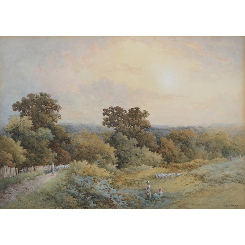 745 - Stephen James Bowers (fl. 1874-1891) - Surrey Wooded Landscape with Girls Blackberrying, signed, wat... 