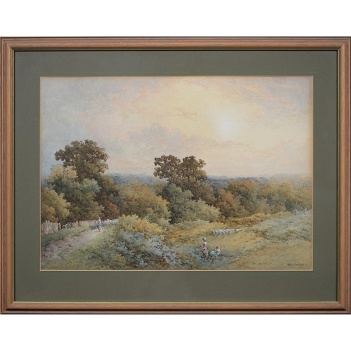 745 - Stephen James Bowers (fl. 1874-1891) - Surrey Wooded Landscape with Girls Blackberrying, signed, wat... 