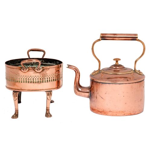 645 - An early Victorian two-handled, pierced oval copper kettle stand, on four paw feet, 20cm h and a Vic... 