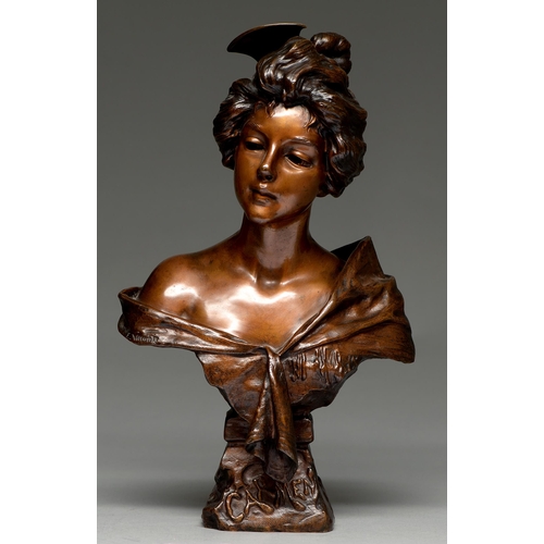 647 - A French Art Nouveau bronze bust of Carmen, cast from a model by Emmanuel Villanis, early 20th c, li... 