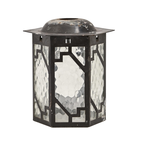 744 - An Art Deco hexagonal bronze-patinated tinplate hall lantern, with textured glass panels, 14cm h... 