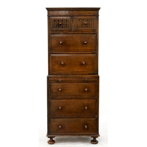 1001 - An antique style oak chest on chest,  with brushing slide and dentil cornice, on turned bun feet, 16... 