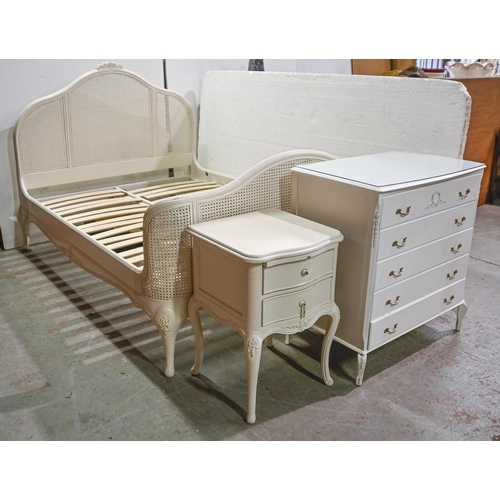 1006 - A French style painted wood and caned bed,  and a similar chest of drawers and bedside chest, bed 14... 