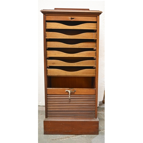 1023 - A mahogany music cabinet,  with tambour shutter, early 20th c, 138cm h, 44 x 60cm