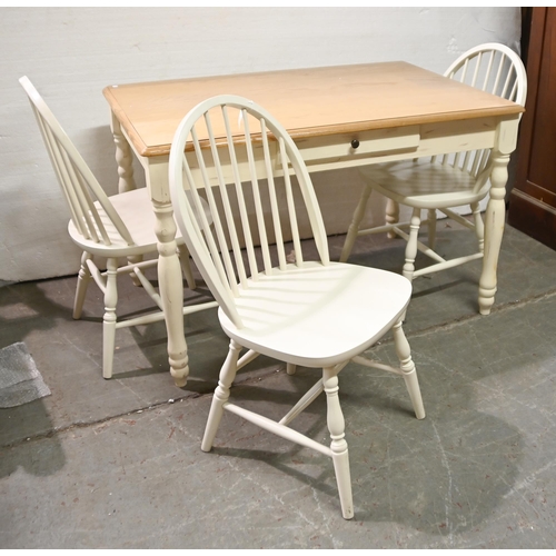 1024 - A Victorian style painted pine kitchen table, with waxed top and a set of three spindle back kitchen... 