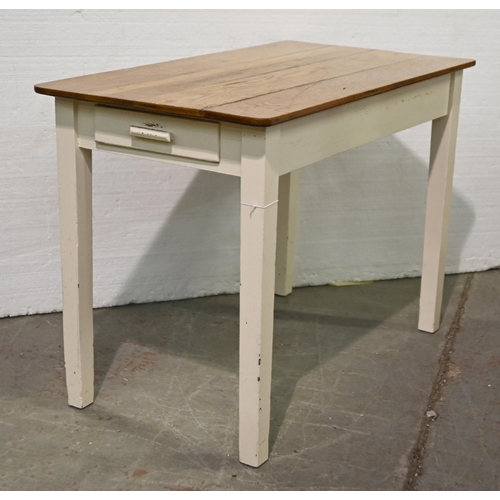 1026 - A pine kitchen table, with board top on square tapering legs, later painted, early 20th c, 76cm h; 1... 