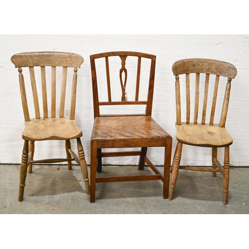 1030 - A Regency oak and fruitwood side chair, and  pair of Edwardian ash kitchen chairs