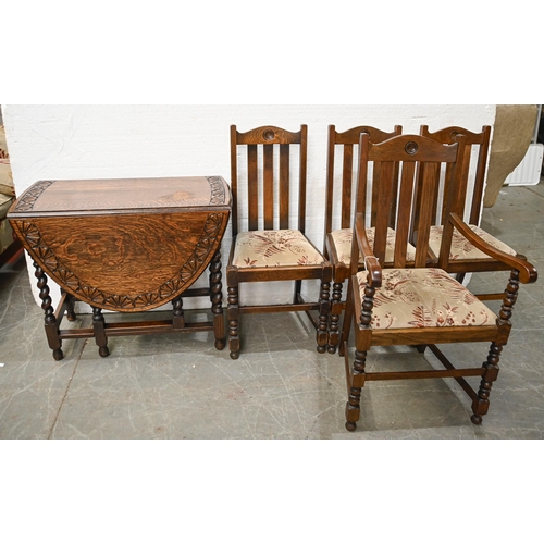 1031 - An oak gate leg table,  with lunette carved top  and a set of  four contemporary oak dining chairs, ... 