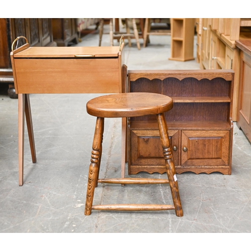 1039 - A mid century brass handled light wood sewing table, 44cm l, an ash stool with elm top and a miniatu... 