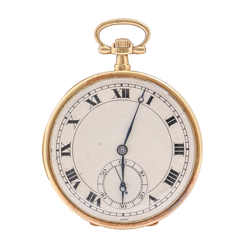 104 - A Swiss 18ct gold keyless lever watch, with jewelled gilt finished movement, in relatively slim case... 