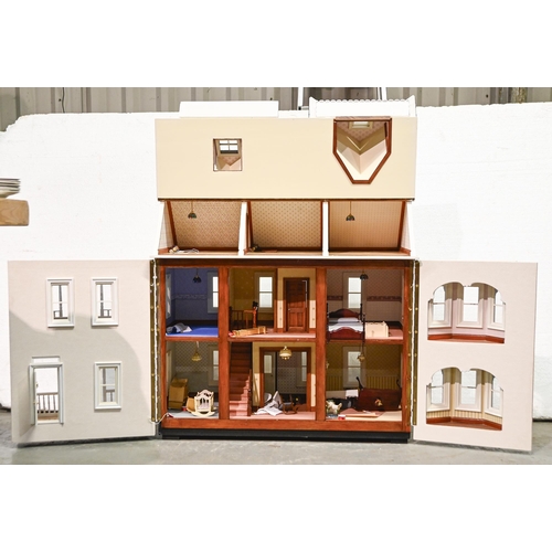 1045 - A Victorian style painted wood dolls house, ofsix rooms and attic storey, 84cm  h and a collection o... 