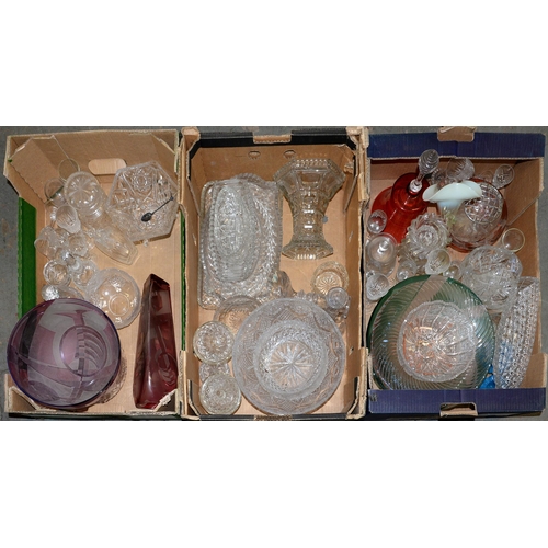 1080 - Miscellaneous cut, coloured and other ornamental glassware,  to include a semi opalescent trumpet va... 