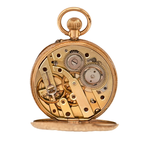 115 - A Swiss 14ct gold keyless cylinder lady's watch, c1900, in engraved and engine turned case, 35mm dia... 