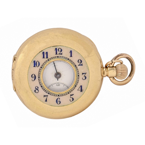 117 - A Swiss 18ct gold half hunting cased keyless lever lady’s watch, c1900, with enamel chapter ring and... 