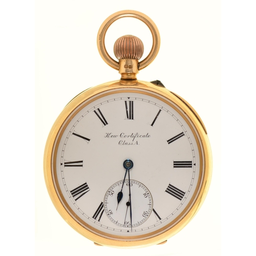 128 - An 18ct gold keyless lever watch, Kew Certificate Class A, with three-quarter plate movement in plai... 