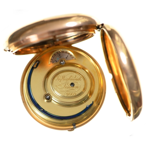 129 - An English 18ct gold hunting cased cylinder watch, John Wightwick, London, No.2009, with engraved ba... 