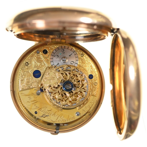 129 - An English 18ct gold hunting cased cylinder watch, John Wightwick, London, No.2009, with engraved ba... 