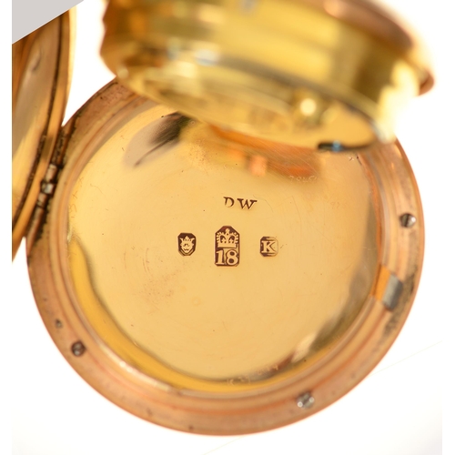 129 - An English 18ct gold hunting cased cylinder watch, John Wightwick, London, No.2009, with engraved ba... 