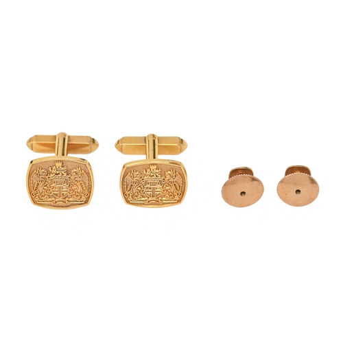 167 - A pair of 9ct gold cufflinks, cast with the arms of the London Stock Exchange, 18 x 18mm, Birmingham... 