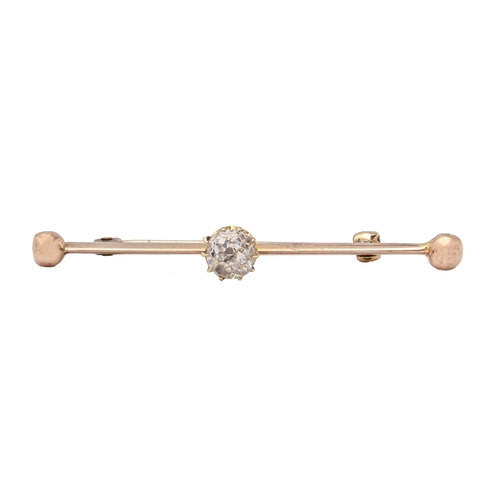 182 - A diamond bar brooch, the gold knife wire with cushion shaped old cut diamond, 51mm l, 3.2g... 