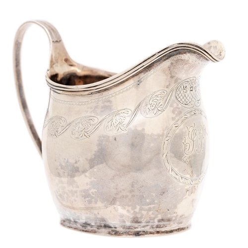 261 - A George III engraved silver cream jug, with initialled cartouche and reeded handle and rim, 10.2cm ... 