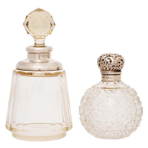 268 - Two Edwardian cut glass and silver mounted scent bottles, the tallest 15.3cm h, marks rubbed, London... 