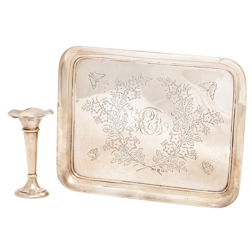 285 - An Edwardian silver dressing table tray, 19.5 x 24.5cm, by H Matthews, Birmingham 1907, 10oz 5dwt an... 