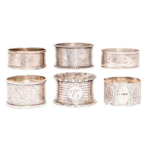 294 - Six Edwardian and George V silver napkin rings, by various makers, 3oz 18dwt