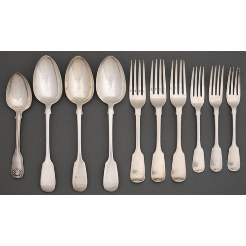 301 - A set of three Victorian silver tablespoons, Fiddle pattern, by Chawner & Co, London 1856, two s... 