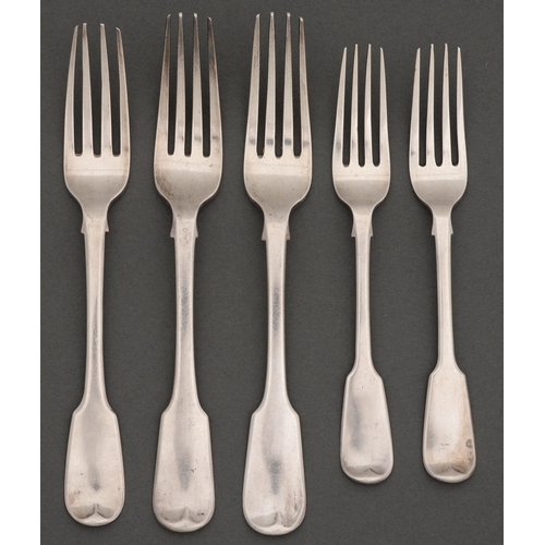 312 - One and a pair of George IV silver table forks, Fiddle pattern, crested, both London, by Robert Rutl... 