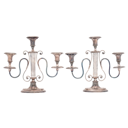 317 - A pair of Victorian neoclassical revival EPNS lyre candelabra, nozzles, 33cm h