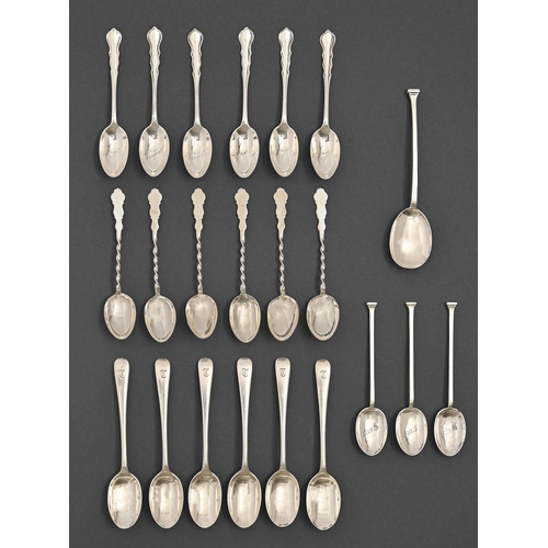 326 - Three sets of six George V silver tea and coffee spoons and four silver seal terminal spoons, variou... 