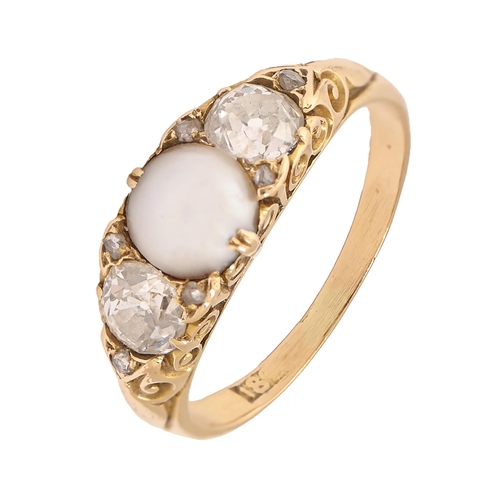 34 - A split pearl and diamond ring, with old cut diamonds, in gold marked 18c, 3.2g, size L... 