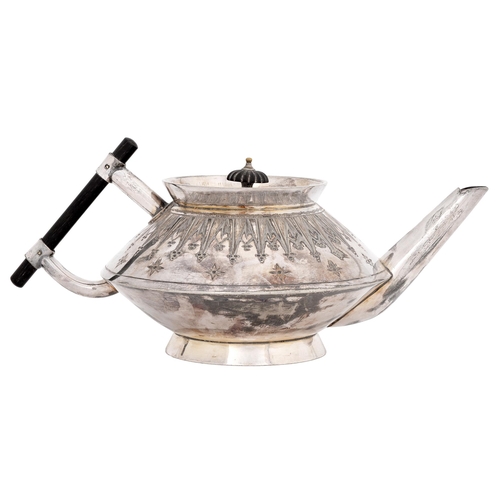 347 - An Aesthetic Movement EPNS teapot, the design in the manner of Dr Christopher Dresser, c1880, with e... 