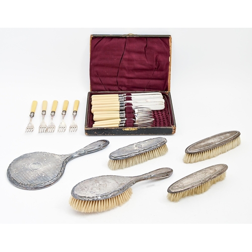 354 - A George V five piece silver brush set, engine turned, by Sydney & Co, Birmingham 1919 and a set... 