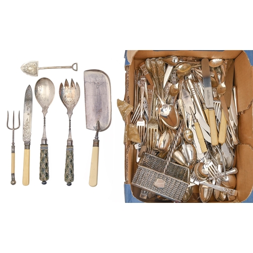 358 - Miscellaneous plated flatware, Victorian and later, including a pair of Doulton ware-hafted salad se... 