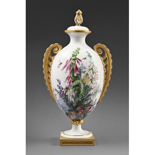 363 - A Copeland bone china vase and cover, c.1880, painted by C F Hurten, signed, with foxgloves and inse... 