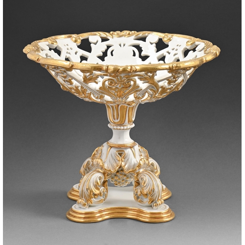 364 - A Paris reticulated and gilt porcelain comport, c.1880, the bowl pierced, 26.5cm h, puce printed scr... 