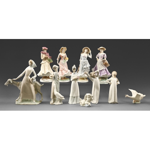 368 - Eleven Lladro, Royal Worcester and Miquel Requena figures and models of a dog and goose, 28cm h and ... 