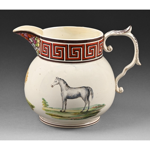 378 - A pearlglaze and earthenware jug, probably Staffordshire, early 19th c, painted to one side with a p... 