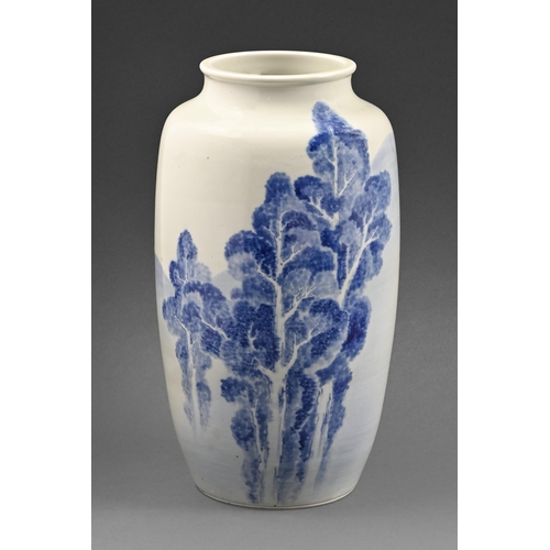 381 - A Japanese blue and white vase, first half 20th c, painted with a landscape, 34cm h, signed... 